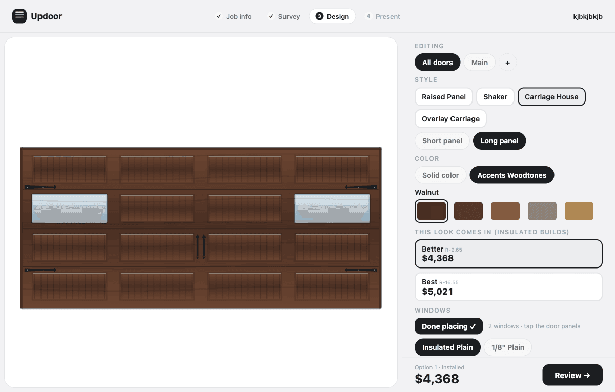 Design step: walnut carriage house door with windows and live pricing
