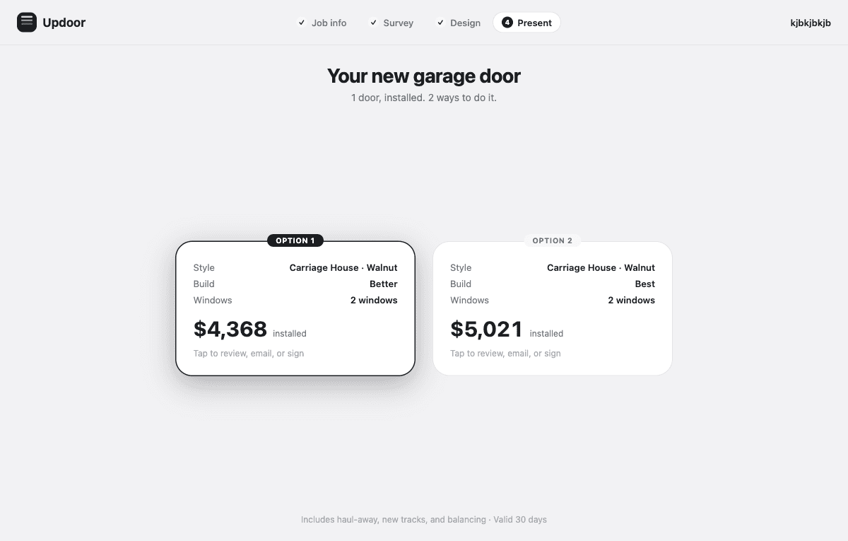 Updoor presenting two priced door options to a customer