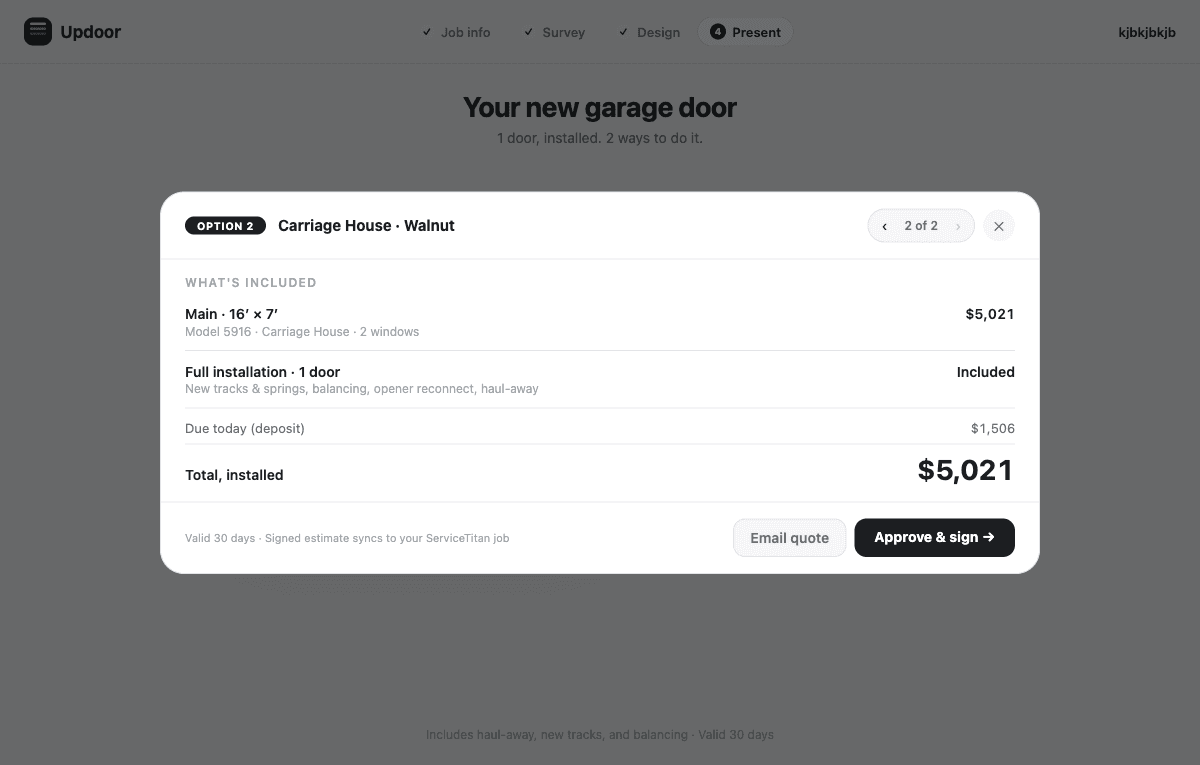 Estimate detail: per-door line items, deposit, and total