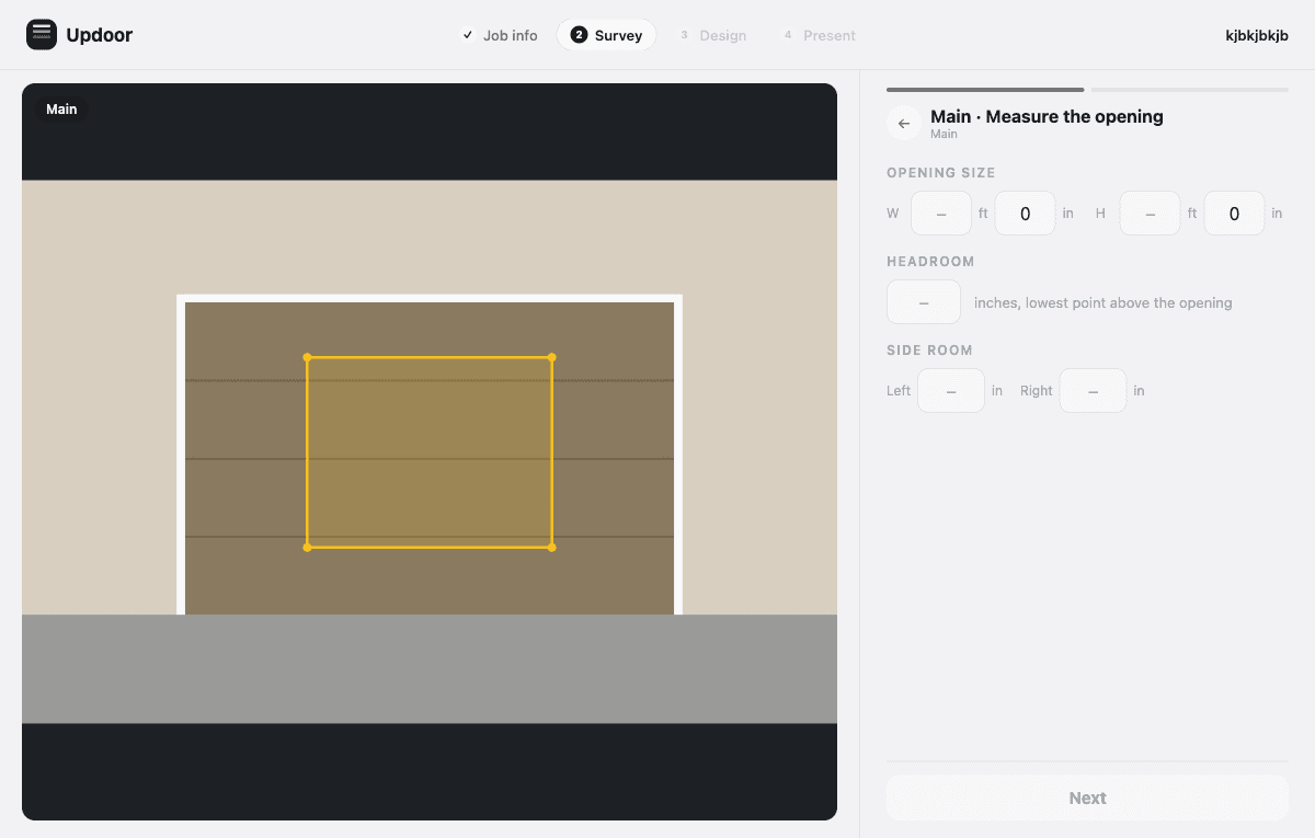 Survey step: AI-outlined door and guided measurements